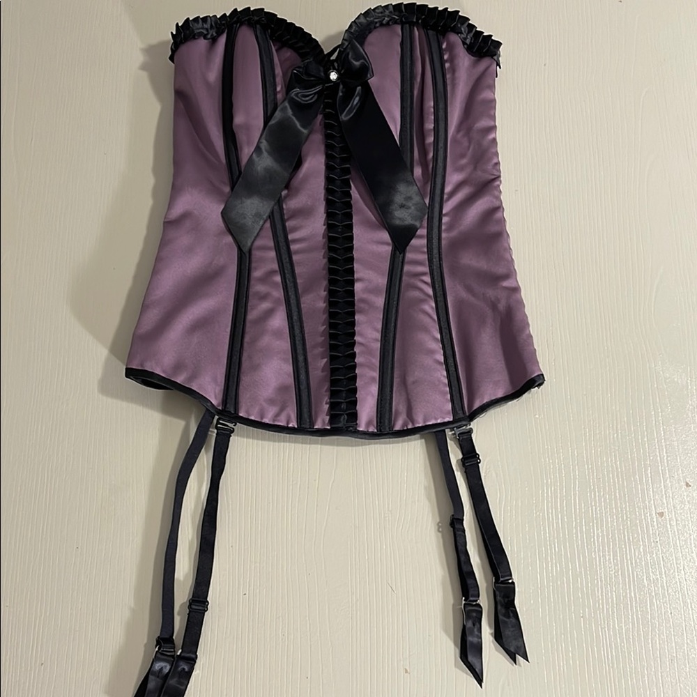 Shirley of Hollywood Purple Satin Corset w/ Black Accents- Size 34